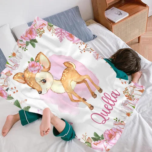 Vista 6 de Manta de bebé personalizada con ciervos florales, manta personalizada de ciervos con nombre para bebé, manta de recepción personalizada de ciervos