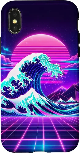 Vista 4 de iPhone 15 Futuristic Cyberpunk Vaporwave Synthwave Great Wave Hokusai Case