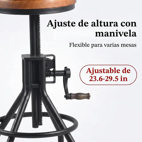 Vista 4 de Taburete industrial de madera para mostrador de granja, altura ajustable con asa, taburete de bar de cocina, color negro, juego de 2