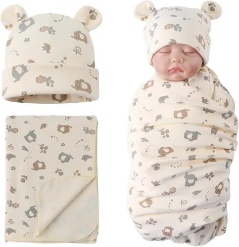 Vista 11 de PESAAT Conjunto de gorro de algodón para bebé, sombreros para recién nacidos, mantas de recepción para bebés niños y niñas Verde militar