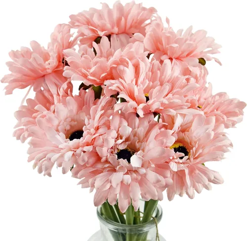 Vista 18 de FiveSeasonStuff Real Touch Gerbera Daisy - Arreglo de flores artificiales y ramo de boda (7 tallos florales, rojo baya)