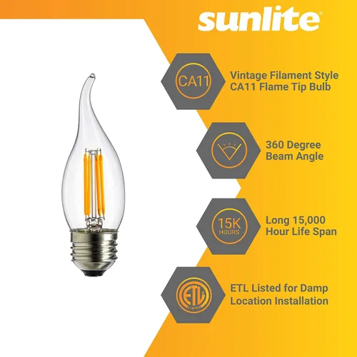Vista 3 de Sunlite 80449 Bombilla LED CA11 de filamento de luz de araña con punta de llama, 4 vatios (equivalente a 40 W), base E26 media, regulable