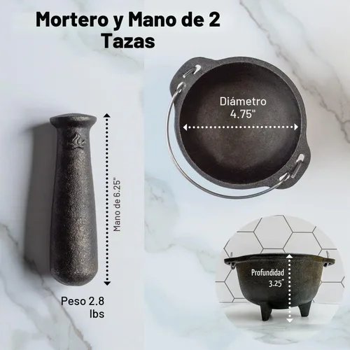 Vista 2 de Juego de mortero y mortero de hierro fundido de 4.75 pulgadas, molinillo de especias de 2 tazas