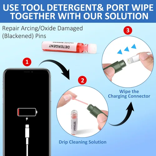 Vista 6 de Ordilend Kit de limpieza para iPhone para limpiador de puerto de carga, multiherramienta de reparación de limpiador de iPhone, cable Lightning, kit