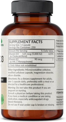 Vista 2 de Futurebiotics Vitamina K2 (MK7) con suplemento D3 - Fórmula sin OGM - 5000 UI de vitamina D3 y 90 microgramos de vitamina K2 MK-7, 250 cápsulas