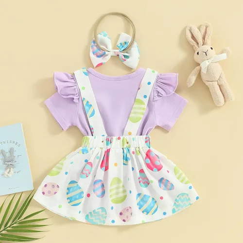 Vista 7 de Adobabirl Vestido de Pascua para niña recién nacida, mameluco de manga corta con conejo, huevos de Pascua, falda con tirantes, diadema
