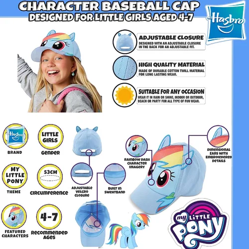 Vista 2 de Hasbro Little Girls My Little Pony - Gorra de béisbol de algodón, diseño de arco iris, orejas dimensionales, edad de 2 a 7 años, Azul