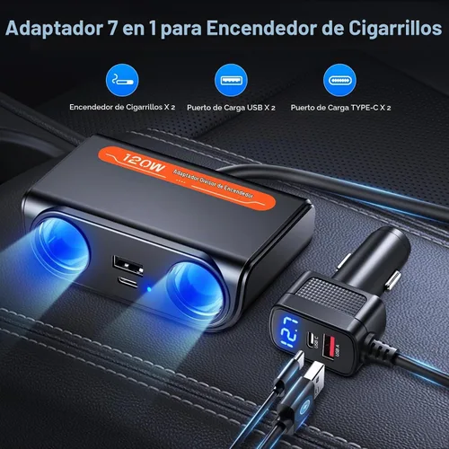 Vista 2 de ELECTOP - Divisor de encendedor de cigarrillos 7 en 1, enchufe de 24/12 V, adaptador de corriente para encendedor de cigarrillos de automóvil