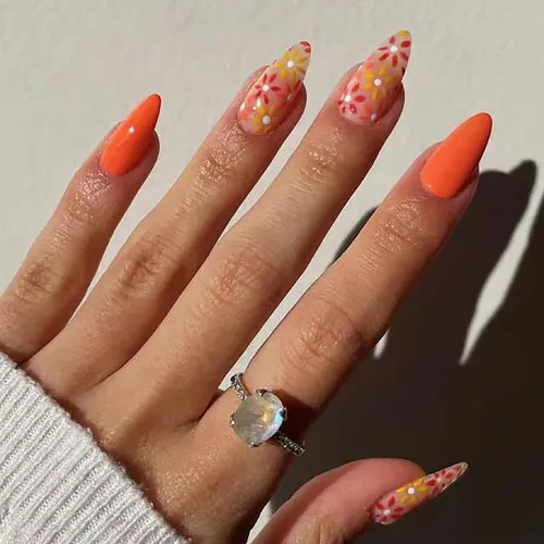 Vista 22 de Uñas postizas ovaladas a presión con puntas francesas, juego de uñas postizas cortas de flores artificiales, uñas postizas acrílicas con diseños