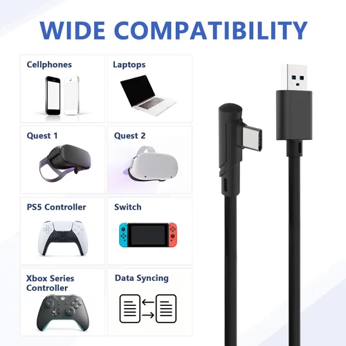 Vista 7 de Cable de enlace de 16 pies compatible con OculusMeta Quest 21 accesorios de realidad virtual transferencia de datos de alta velocidad y cable