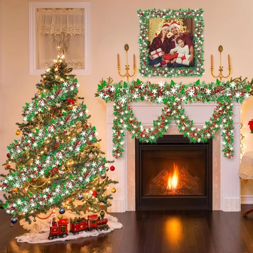 Vista 7 de 50 pies de decoraciones de Navidad con guirnalda de oropel con copo de nieve, árbol de Navidad rojo verde plateado brillante metálico girado