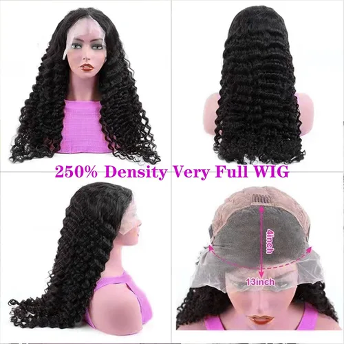 Vista 3 de 13x4 Pelucas de encaje frontal de cabello humano de ondas profundas con densidad del 250%, pelucas de encaje frontal rizadas profundamente