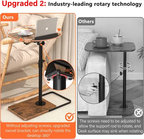 Vista 3 de Mesa de TV para sofá, altura ajustable/giro de 360°/diseño de panel abatible de 180°, mesa auxiliar lateral en forma de C, mesa lateral para brazo