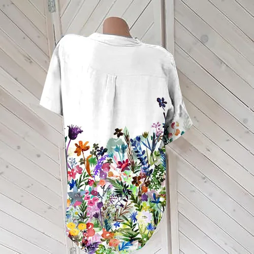 Vista 5 de SMIDOW Blusas de talla grande para mujer, estilo casual, de verano, de lino y algodón, estilo bohemio, estampado floral, con botones