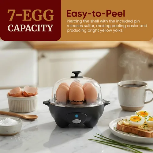 Vista 2 de Elite Gourmet EGC-007B # - Olla rápida para huevos, 7 huevos fáciles de pelar, duros, medianos, suaves, escalfador, máquina de tortillas, apagado
