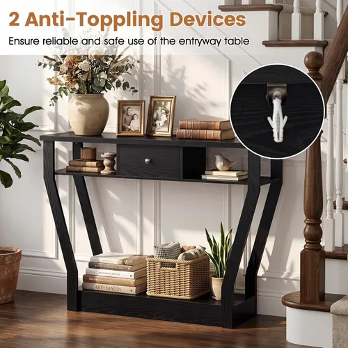 Vista 8 de BestComfort Mesa consola estrecha de 47 pulgadas con cajón, acento de entrada de madera de 3 niveles con estantes abiertos, mesa de sofá multiusos