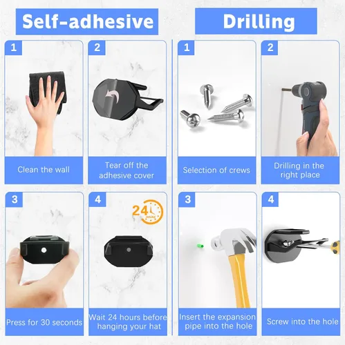 Vista 5 de Niunuerga Paquete de 16 Ganchos Adhesivos para Sombreros para Pared, Perchero Fuerte para Gorras de Béisbol, Organizador de Sombreros