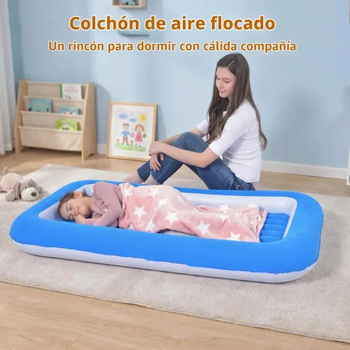 Vista 5 de Cama de aire para niños, colchón inflable para viaje de bebé con laterales, azul