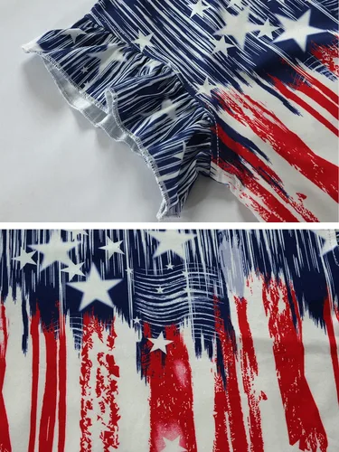 Vista 6 de Camisetas patrióticas para niñas del 4 de julio con volantes y bandera americana, manga corta, color rojo, blanco y azul, con estrellas