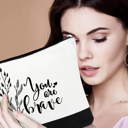 Vista 6 de Coume 10 Piezas Bolsas de Maquillaje de Lona de Flores Bohemias al Por Mayor, Bolsas de Cosméticos con Citas Inspiradoras Estéticas en Blanco