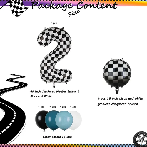 Vista 2 de Paquete de globos de auto de carreras azul y negro de 40 pulgadas, globo de números a cuadros 2 en blanco y negro, globos de látex para niños, dos