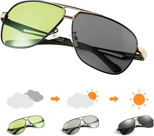 Vista 2 de K.LAVER Gafas de sol polarizadas fotocromáticas de aviador UV400 gafas de conducción de día y noche para hombres y mujeres, gafas de bisagra