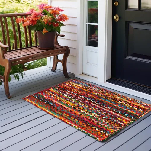 Vista 2 de Algodón Craft - Tapete tejido a mano reversible 100 % algodón con multitrenza de Chindi - Este artículo está fabricado con hilos multicolores