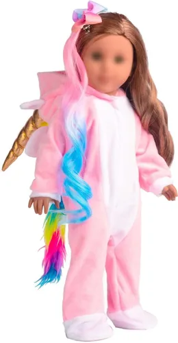 Vista 4 de Ropa para muñeca de 18 pulgadas, disfraz de unicornio, pijama y mameluco con arcoíris, pinzas de pelo con moño. Se ajusta a muñecas de 18 pulgadas