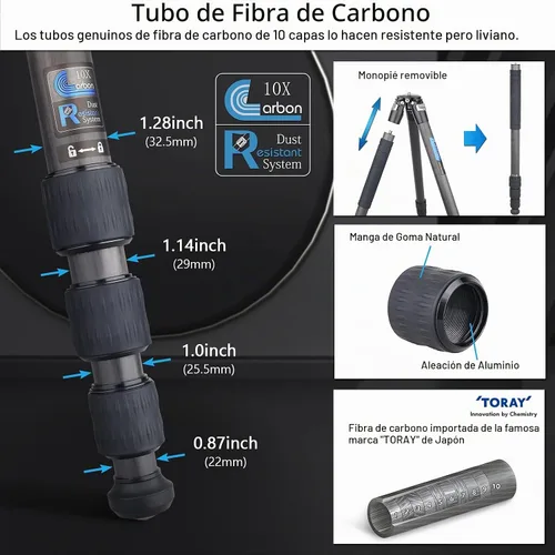 Vista 5 de ARTCISE Trípode de cámara de fibra de carbono - Trípode de viaje profesional resistente sin cabeza esférica, monopie para cámara réflex digital