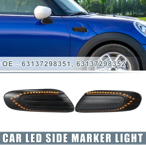 Vista 2 de Señal de giro LED con marcador lateral secuencial No.63137298351 para Mini Cooper F55 F56 F57 2014-2021 Lente ahumada de plástico ámbar (Juego de 2)