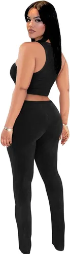Vista 2 de Ekaliy Conjuntos de dos piezas para mujer, sin mangas, ombliguera acanalada, cintura alta, pantalones largos, conjuntos de overoles para fiesta