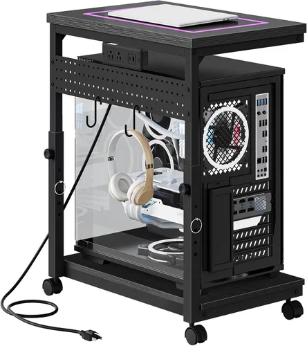 Vista 8 de CHOEZON Soporte grande de torre de computadora de 31.5 pulgadas con toma de corriente, carrito de PC debajo del escritorio con 2 ganchos, soporte