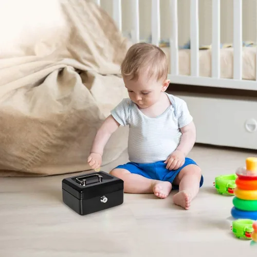 Vista 7 de Decaller - Caja de dinero con ranura para niños, caja de dinero pequeña con bandeja para dinero y cerradura de llave, 6 1/5 pulgadas x 5 pulgadas x
