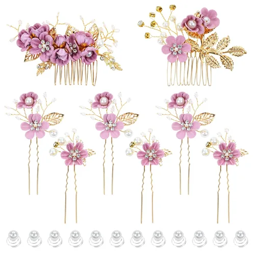 Vista 11 de inSowni - Juego de 20 peines laterales para el pelo con flores en tonos rosa polvoriento, azul y blanco, pinzas para el pelo con flores, pinzas
