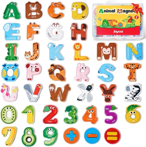 Vista 8 de JoyCat Imanes de madera gruesos del alfabeto para nevera, tamaño grande, lindo animal, colorido ABC, letras magnéticas, 26 letras mayúsculas, juego