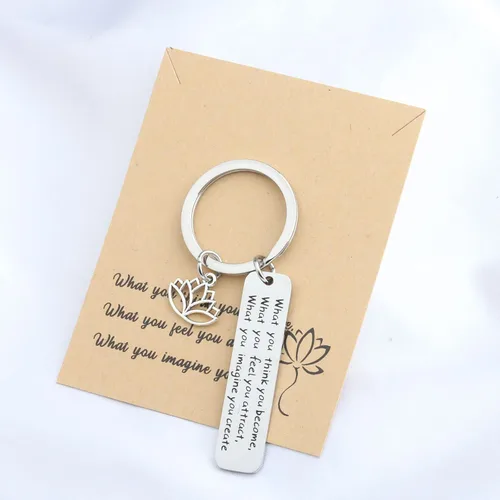 Vista 6 de WUSUANED Regalos budistas con citas espirituales, llavero con tarjeta, con texto en inglés "What You Think You Become Buddha", joyería inspiradora
