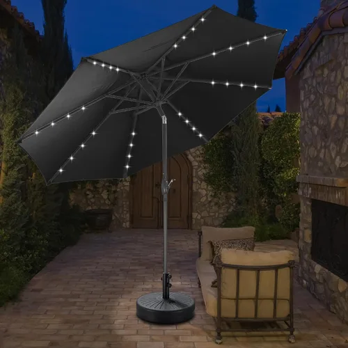 Vista 32 de Sombrilla solar de patio de 10 pies con base, 32 luces LED, sombrilla de mercado al aire libre con botón de inclinación y grietas para jardín Azul
