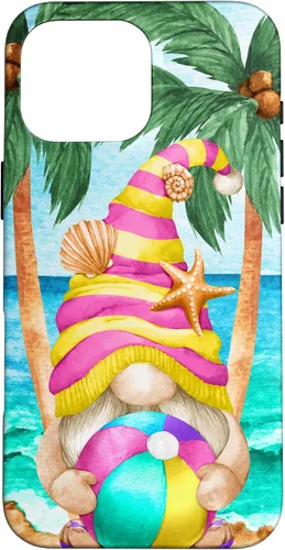 Vista 19 de iPhone 16 Funny Hawaiian Summer Gnome Under Palm Tree For Beach Surfer Case