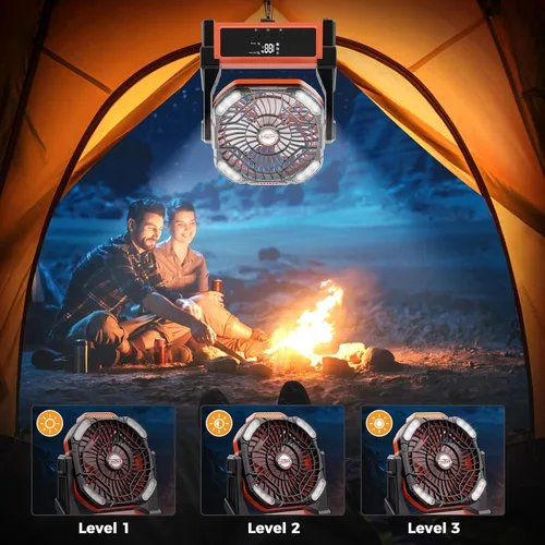 Vista 2 de Ventilador de camping recargable CosyHack, ventilador a batería con luces, ventiladores de playa al aire libre para tienda de campaña, 4