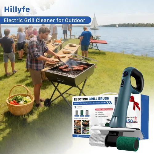 Vista 6 de Hillyfe Cepillo de parrilla para exterior, cepillo de parrilla recargable inalámbrico con 3 cabezales de cepillo, cepillos de limpieza eléctricos