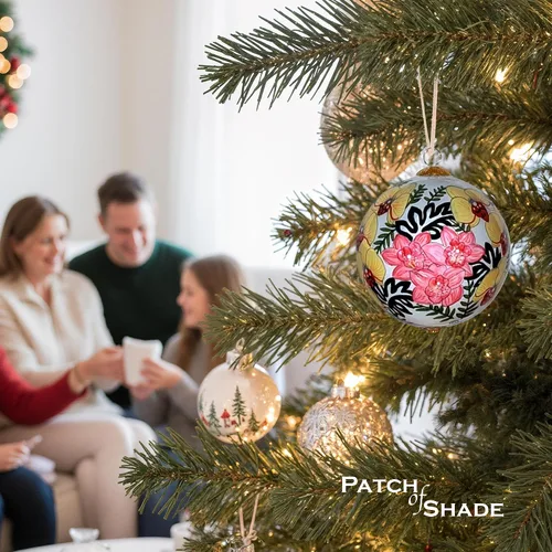 Vista 2 de Adorno navideño de orquídeas pintado a mano, bola navideña floral tropical, orquídeas amarillas y rosas, adorno de cristal coleccionable con caja