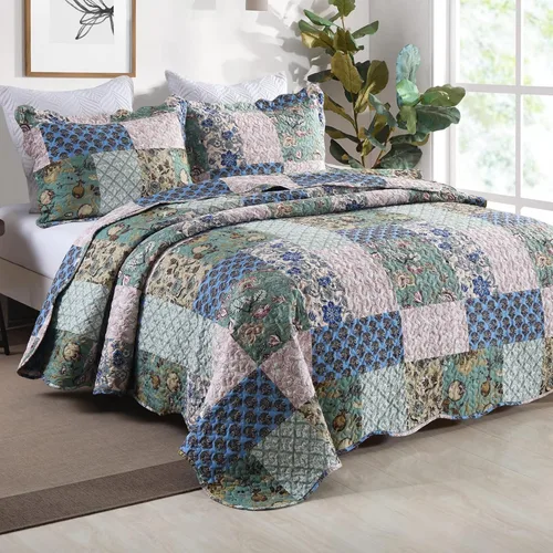 Vista 2 de MarCielo Juego de colcha acolchada de 3 piezas, colcha estampada, juego de ropa de cama, manta, colcha ligera (flor azul, Queen) (B026_Q)