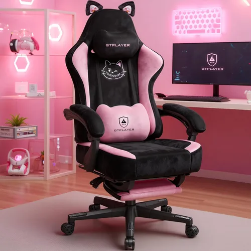 Vista 10 de GTPLAYER Silla de juegos linda con orejas de gato, ergonómica con bordado de perro, soporte lumbar de espuma viscoelástica ajustable y Marrón