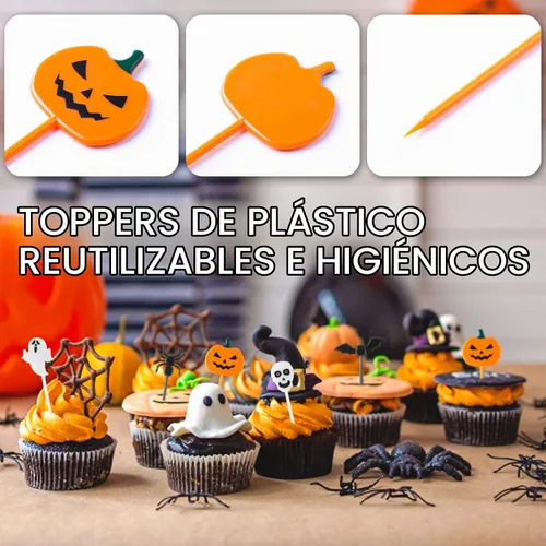 Vista 2 de GlyinnHe 50 piezas de palillos de Halloween para cupcakes, palillos de dientes de plástico para cupcakes, alimentos, cócteles, aperitivos