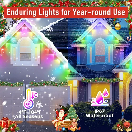 Vista 2 de MUCCCUTE Luces Permanentes al Aire Libre para Navidad de 150 pies RGB + IC para Aleros con Aplicación y Control Remoto, Cadena de Luces LED al Aire