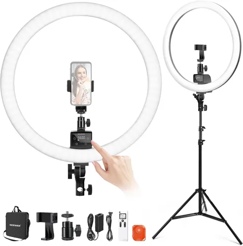 Vista 12 de NEEWER Luz de anillo de 18 pulgadas con soporte de trípode, luz de anillo LED grande de 55W, soporte para teléfono con zapata fría compatible
