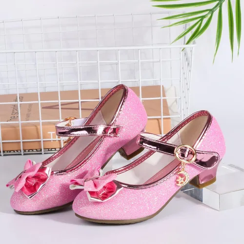 Vista 5 de TANDEFLY Zapatos de vestir para niñas, Mary Jane, boda, fiesta, talón, lazo con purpurina, zapatos de princesa con flores para niños pequeños