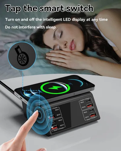 Vista 4 de Cargador USB, ASOMETECH 100 W, 8 puertos, estación de carga USB múltiple con 4 puertos de carga rápida 3.0, 4 puertos USB C PD, cargador Negro