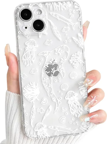 Vista 64 de NITITOP Funda para iPhone 13 Clear Sea Animal - Pez negro Pescado Negro