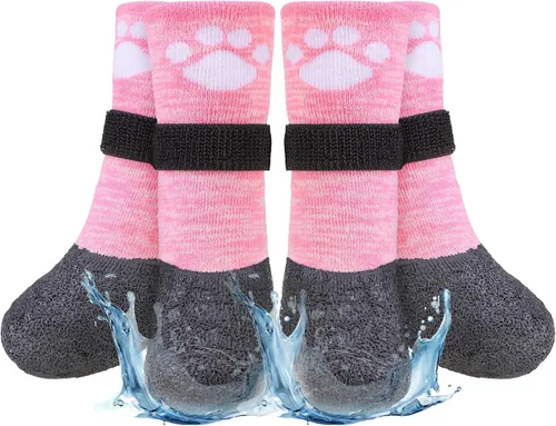 Vista 19 de BEAUTYZOO Calcetines impermeables para perros para evitar que lamen las patas, calcetines navideños para perros para suelos de madera dura
